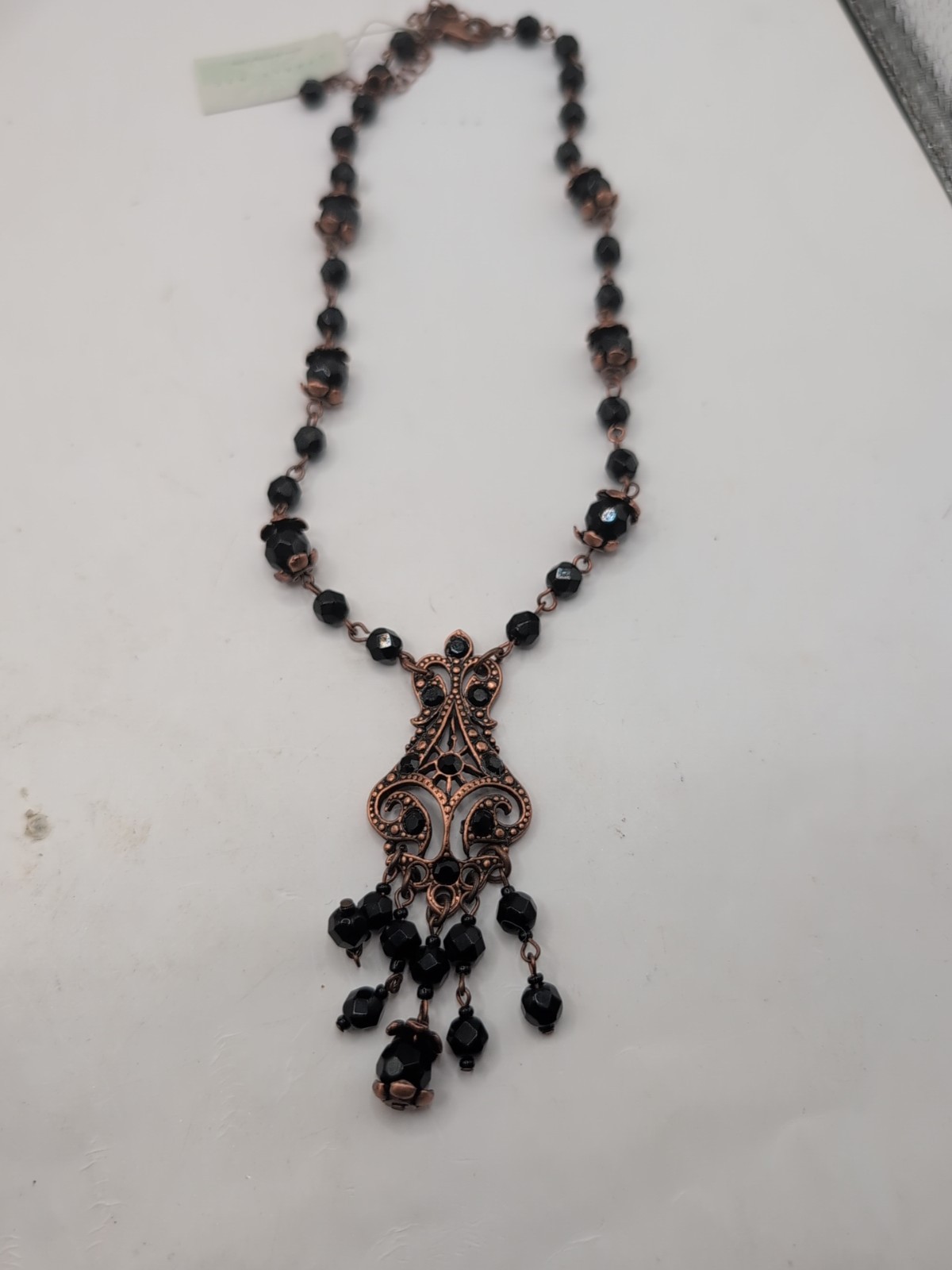 Victorian Revival Copper & Black Beaded Pendant Necklace 24″