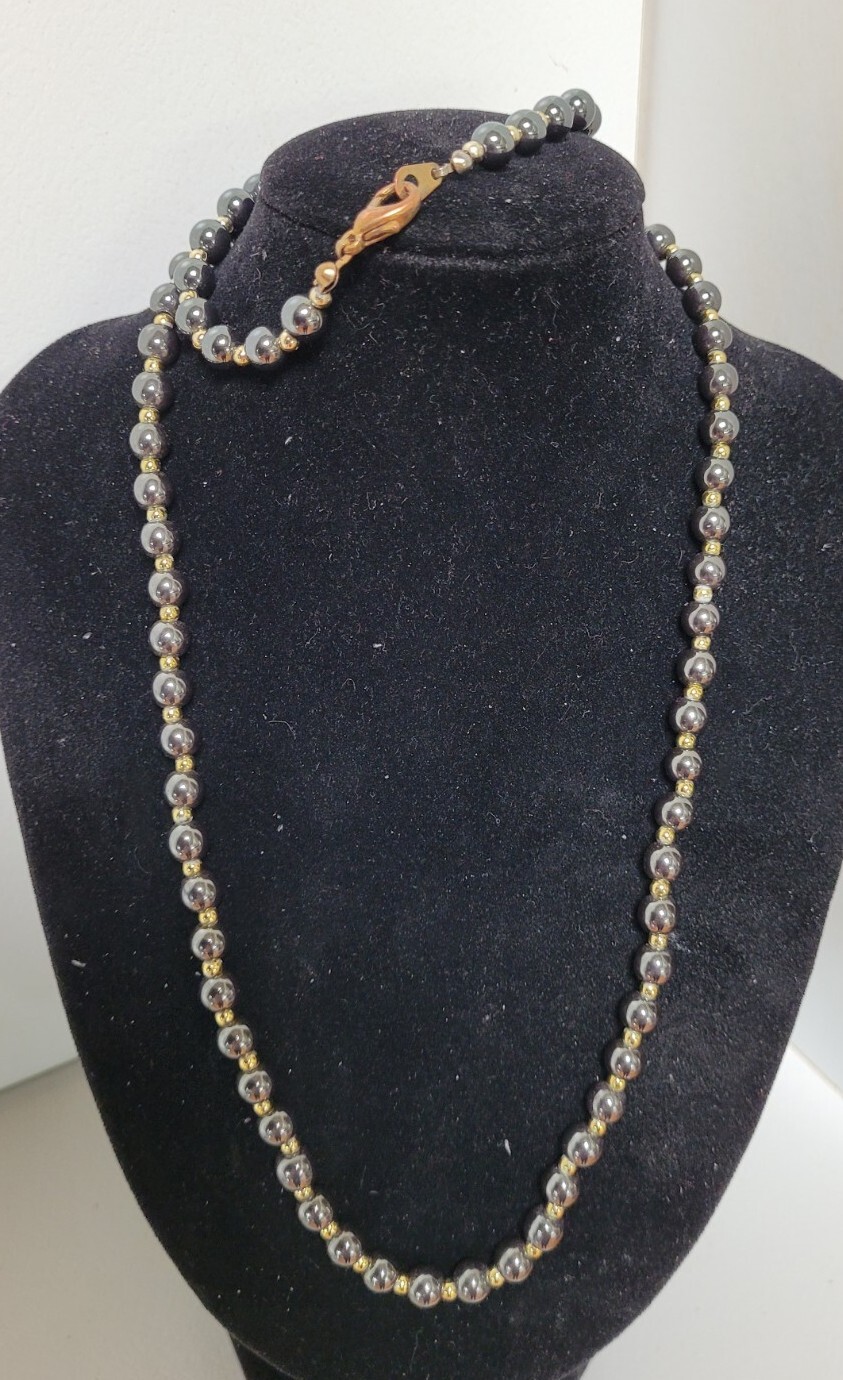 Vintage 20cm Gold Tone Black Hematite Stone 6mm Bead Bracelet & 45cm Necklace