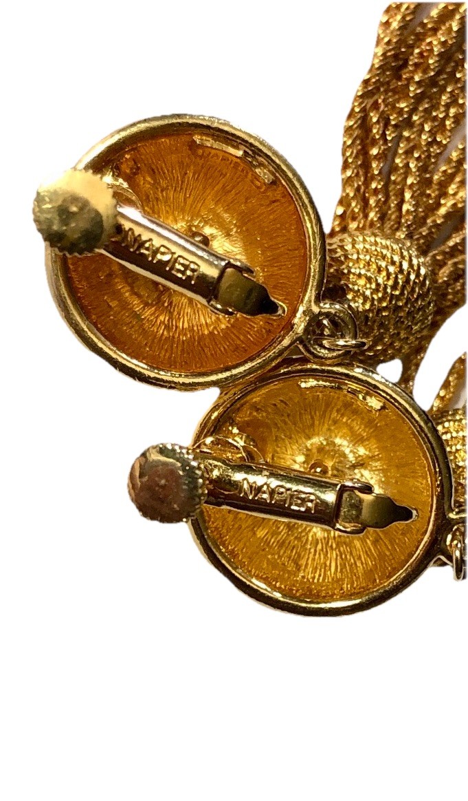 Signed NAPIER Vtg TASSEL Gold Tone Clip-on EARRINGS Dangle Adjustable Screwbacks
