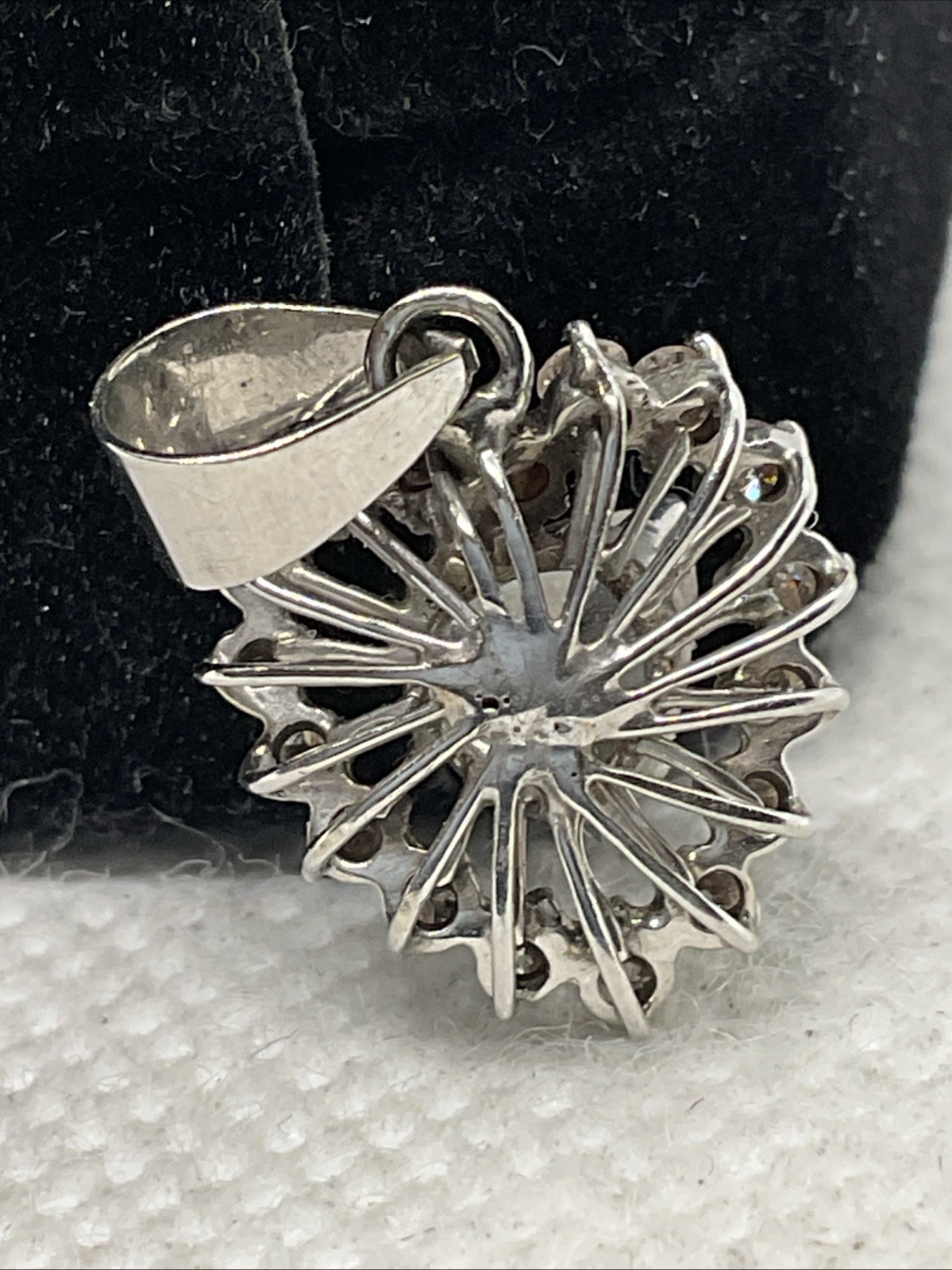 VINTAGE HANDMADE 8K White Gold Solitaire Diamond w/Accents Pendant & 11K Lock