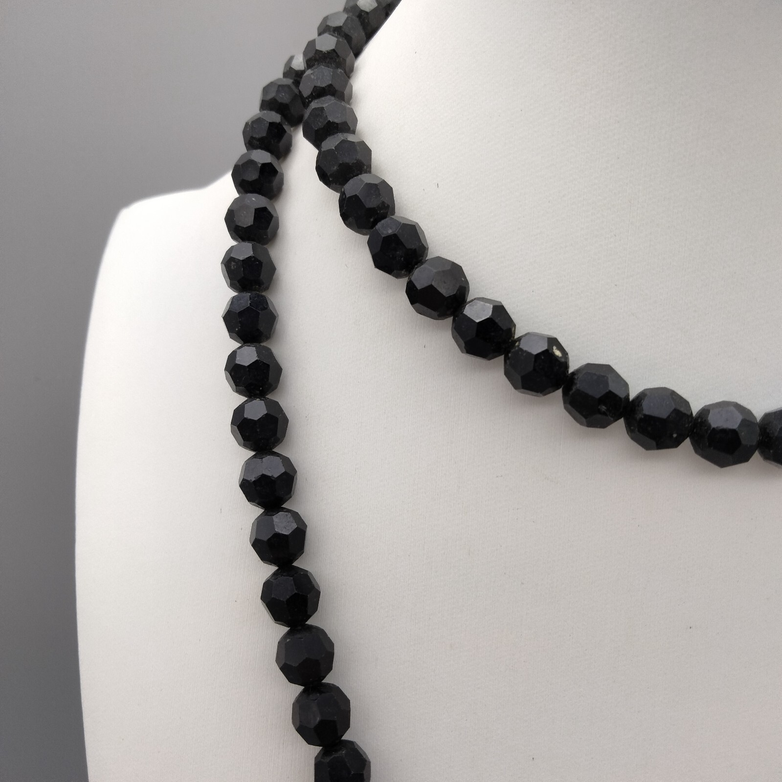 Gothic Goth Black Faceted Glass Mourning Beads 32″ Necklace Vintage Ornate Clasp