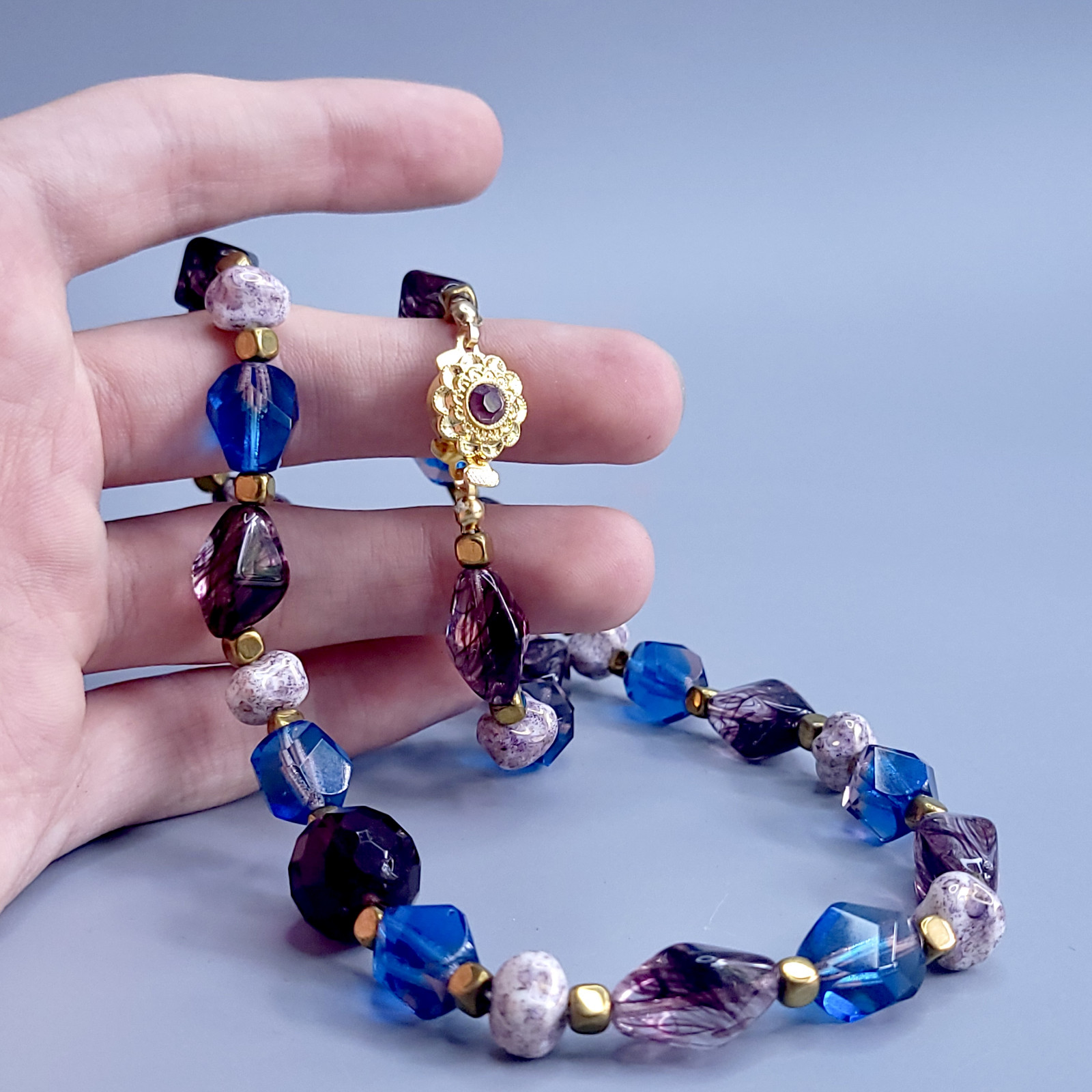 Necklace 20” Blue and Purple Glass Czech Vintage Beads Women`s Jewelry