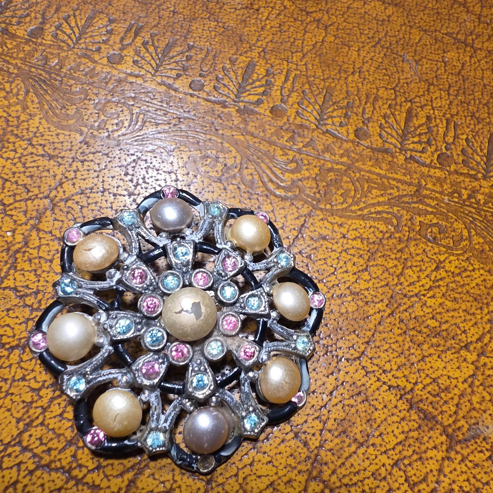 VTG Brooch Pin Signed NE New England Glass Works Pearl Pink Blue Rhinestones