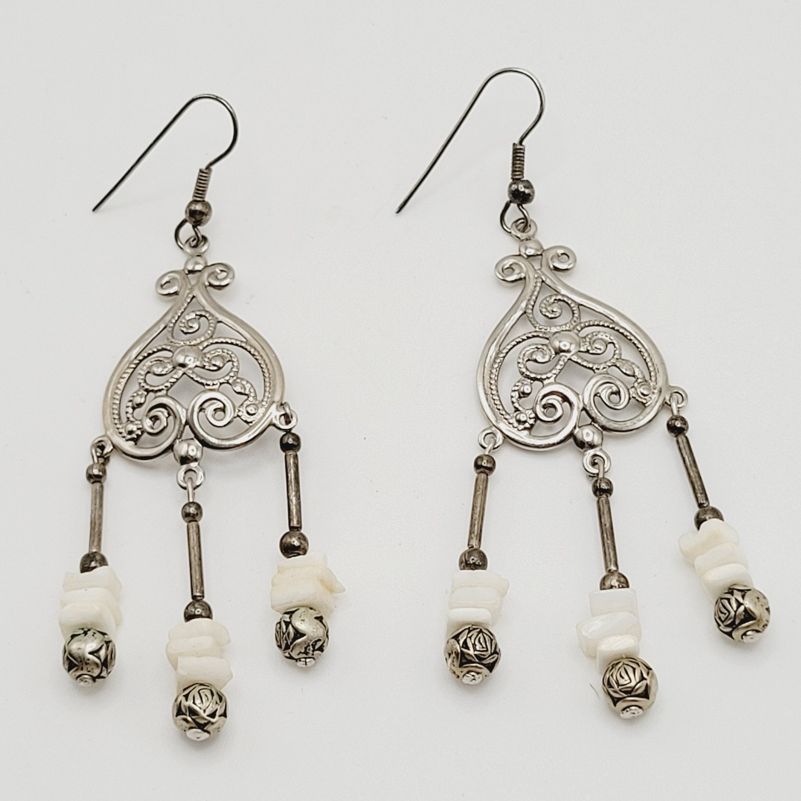 Southwestern Style Chandelier Silver Tone White Howlite Bead Pierced Earrings