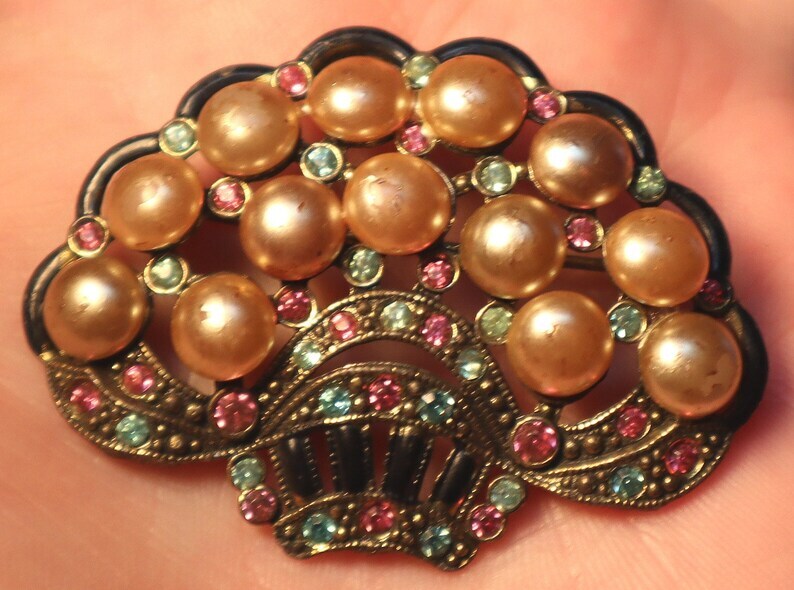 Art Deco Rhinestone Flower Basket Brooch New England Glass Works Pin