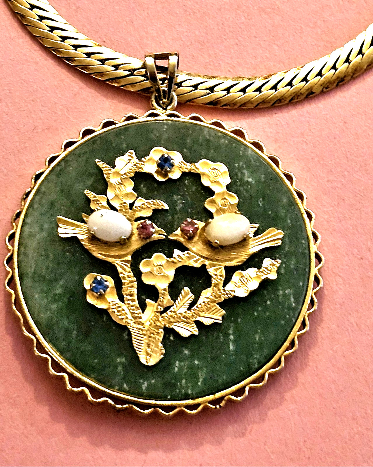 Green Jadeite Chinese Fu GF Pendant/Chain 39 Gr. / Snake Link GF Chain 18.1 Gr.