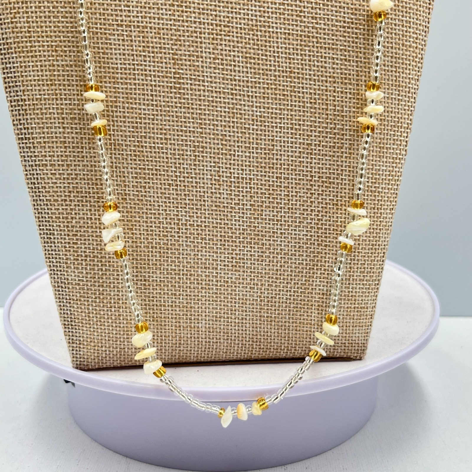 Vintage Earthy Seed Bead & Shell Chip Necklace Cream Amber Tone Boho Strand