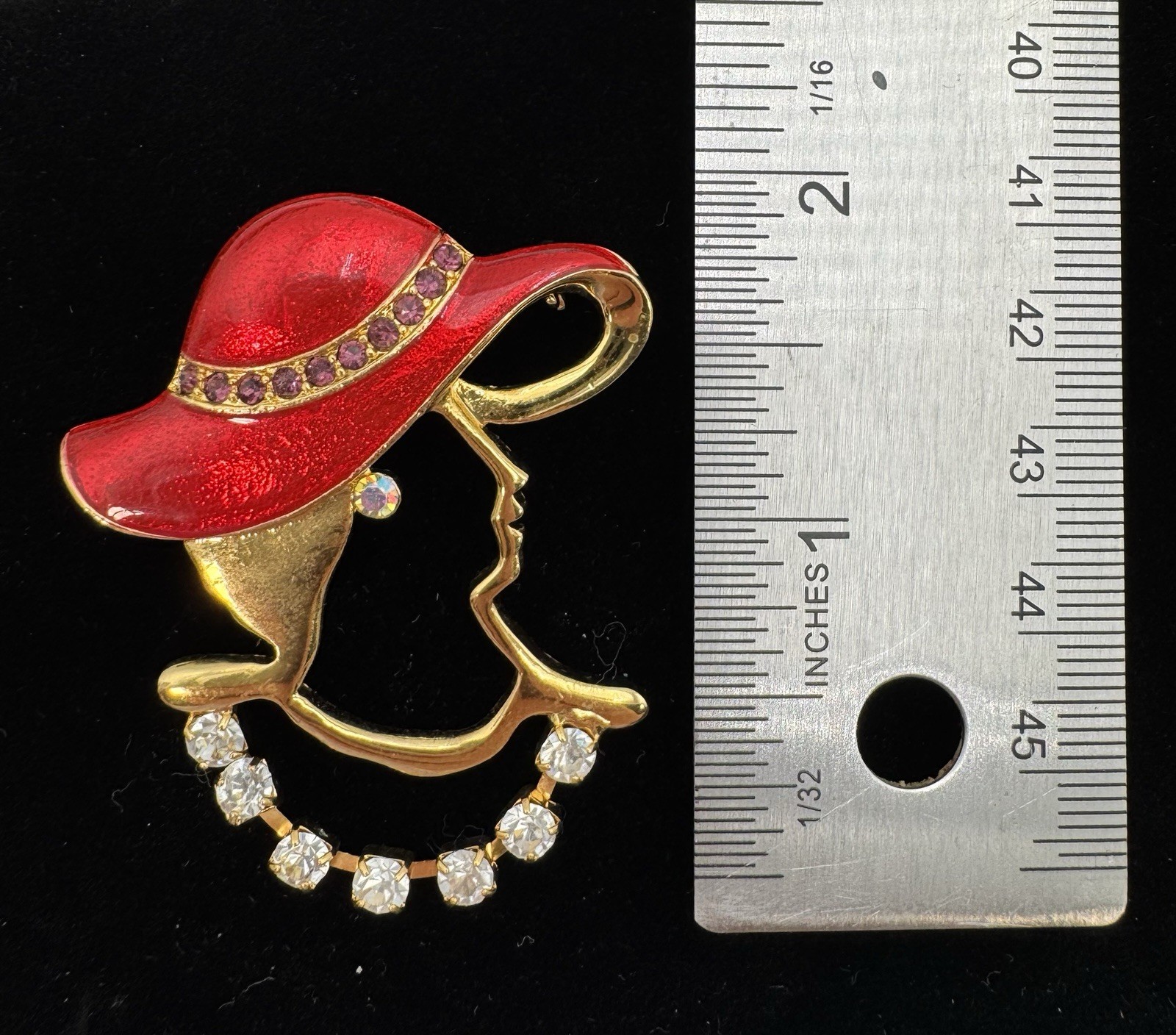 Gold Tone Lady Red Hat Enamel Pin And Gold Tone Faux Pearl Brooch Lot of 2