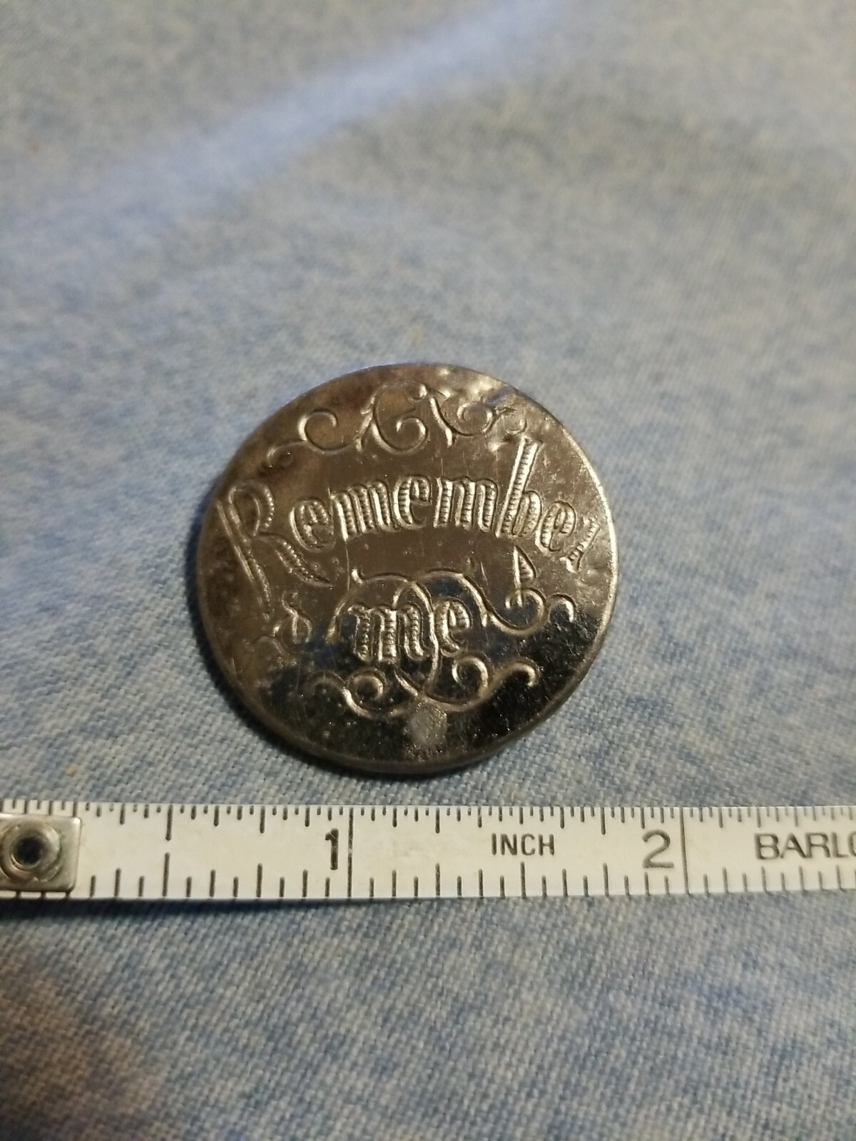 Late Victorian Era Forget Me Not Remember Me Scroll Letter Metal Pewter Pinback