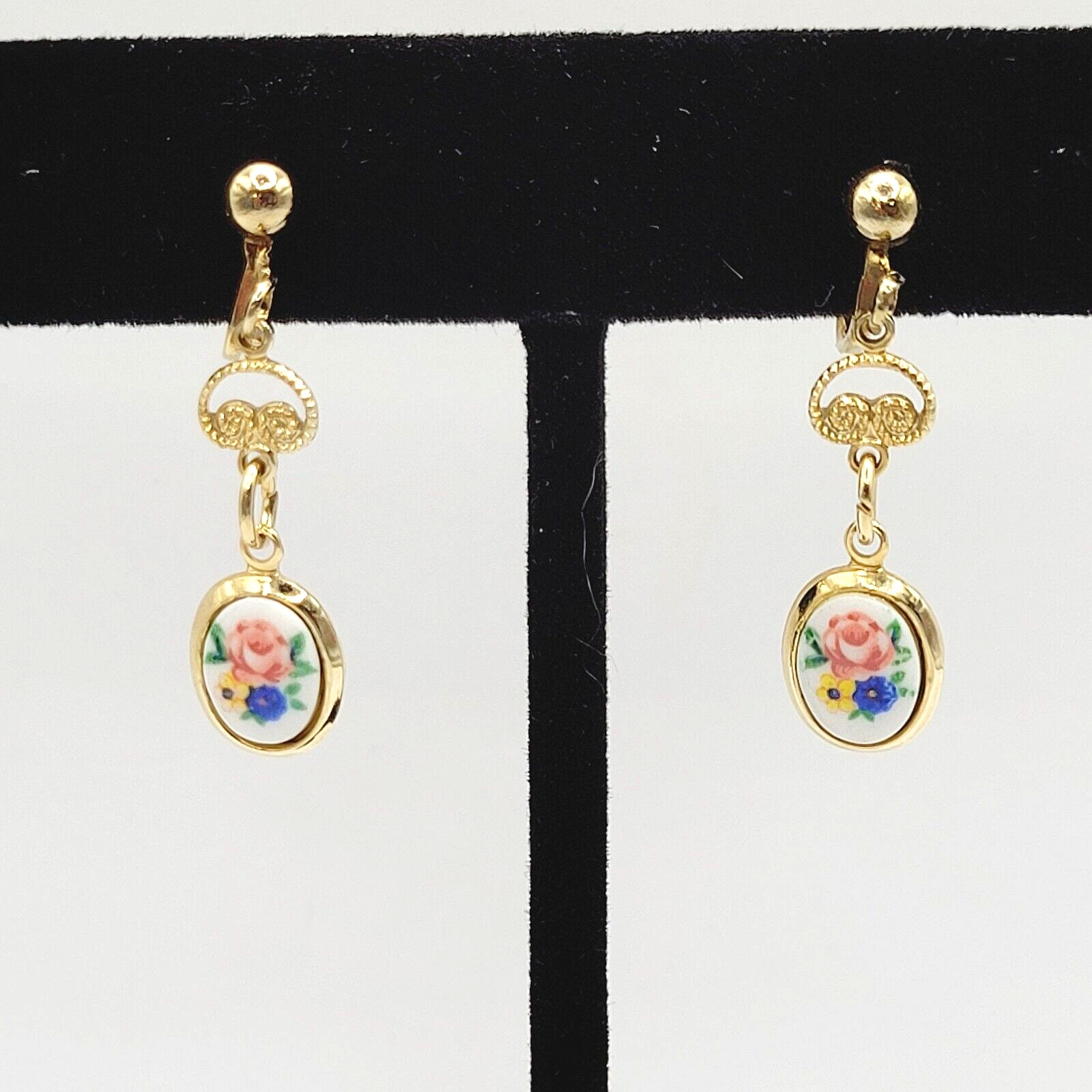 Petite Hand Painted Flowers Porcelain Gold Tone Drop Dangle Vintage Earrings
