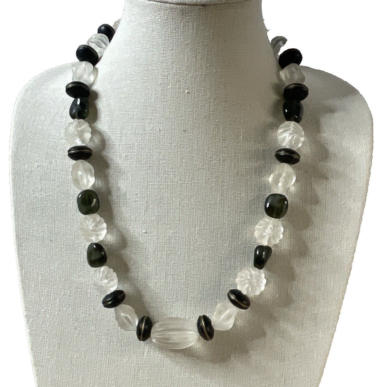 Vintage Frosted Lucite Bead Necklace Black Wood & Glass Chunky Retro 1980s 25″