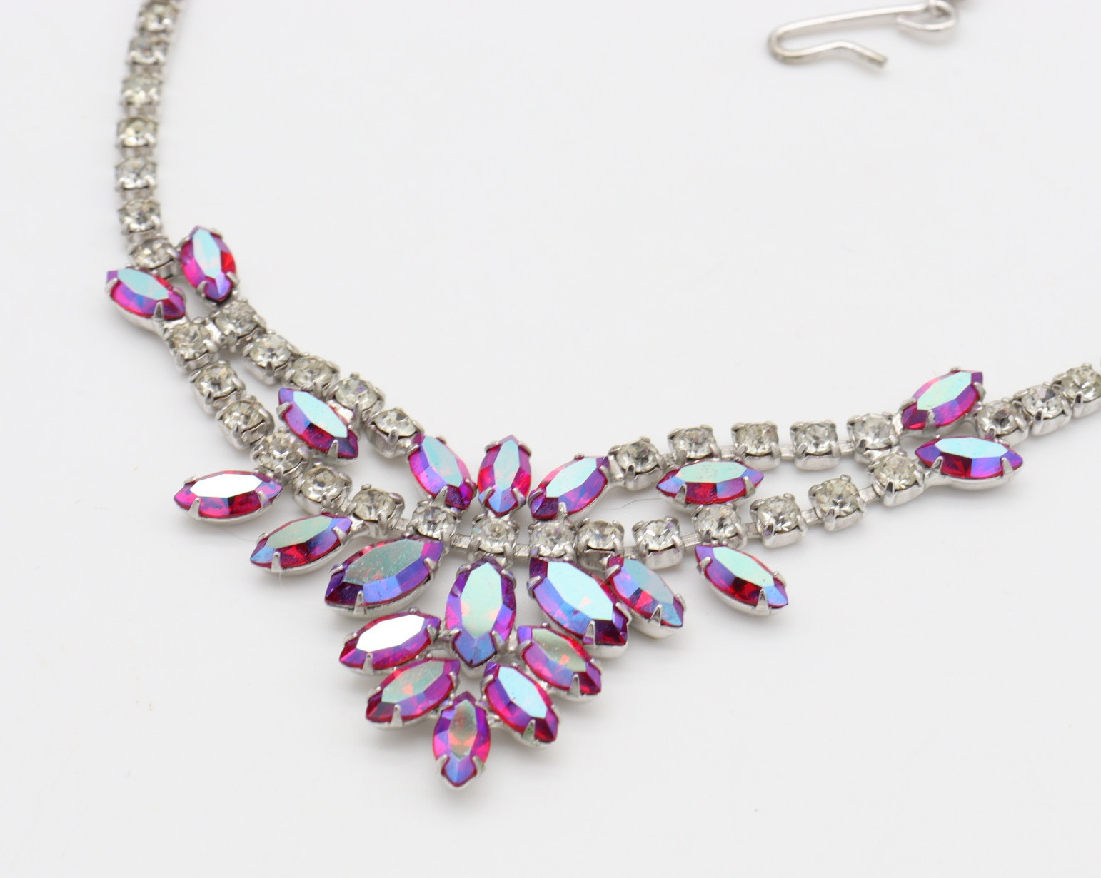 Vtg B. David Rhinestone Necklace Pink AB Red Clear Choker Signed Marquise