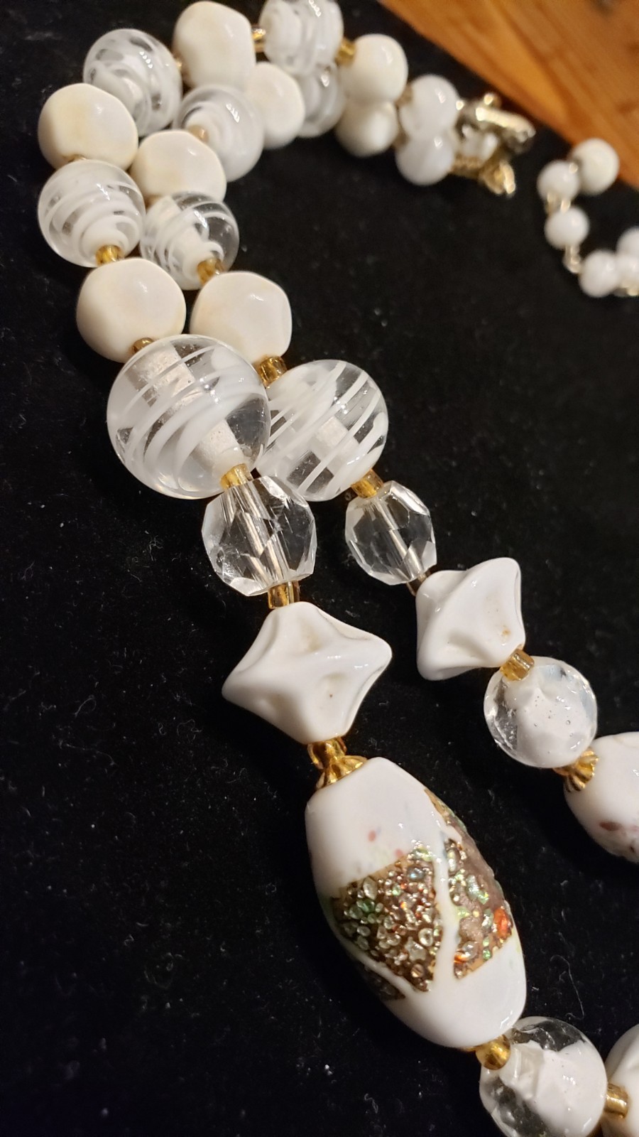Vtg MCM Bridal Wedding Double Strand White Glass Bead Choker with Gold Accent
