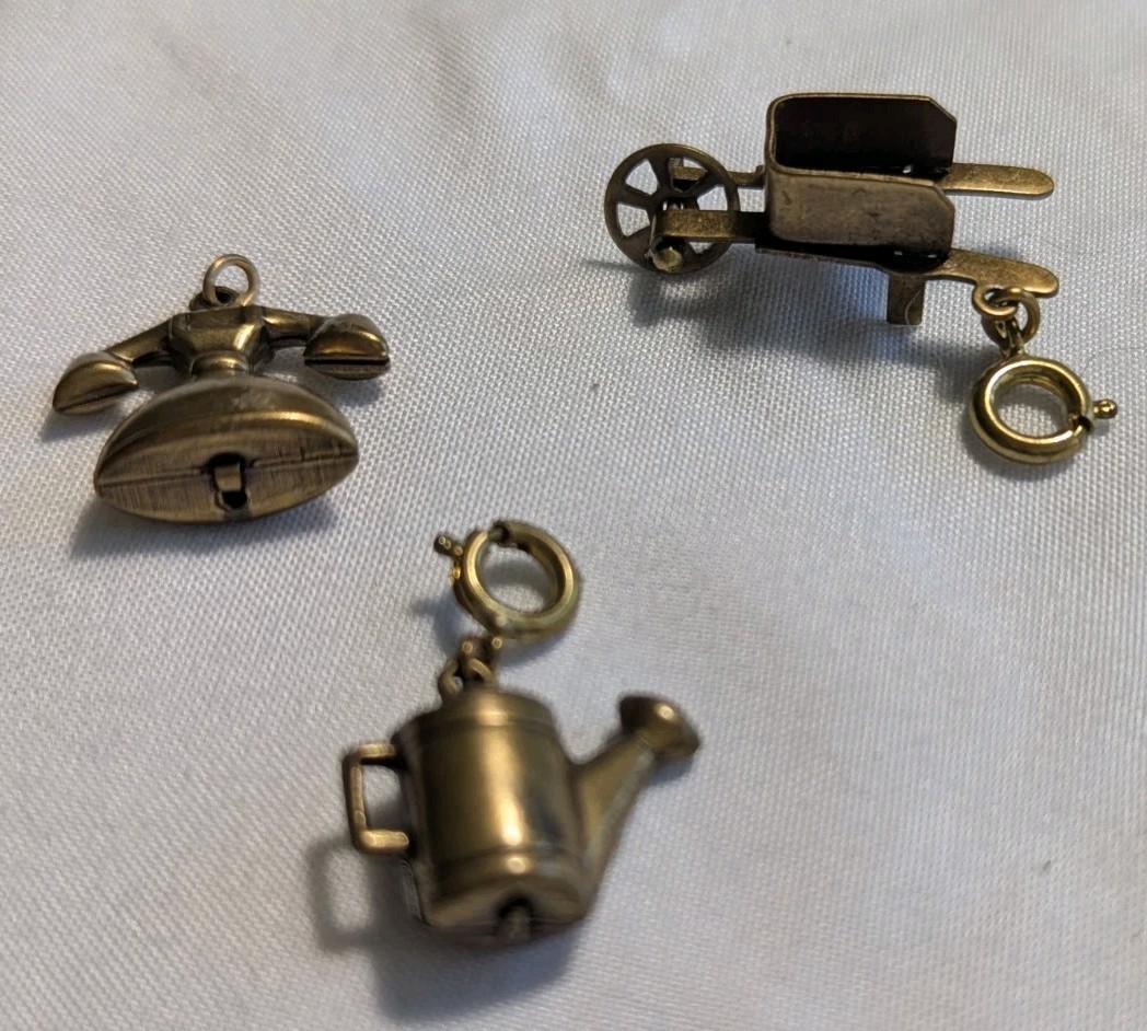 Vintage Brass Charms Telephone Wheelbarrow Watering Can Lot Of 3 Gardening