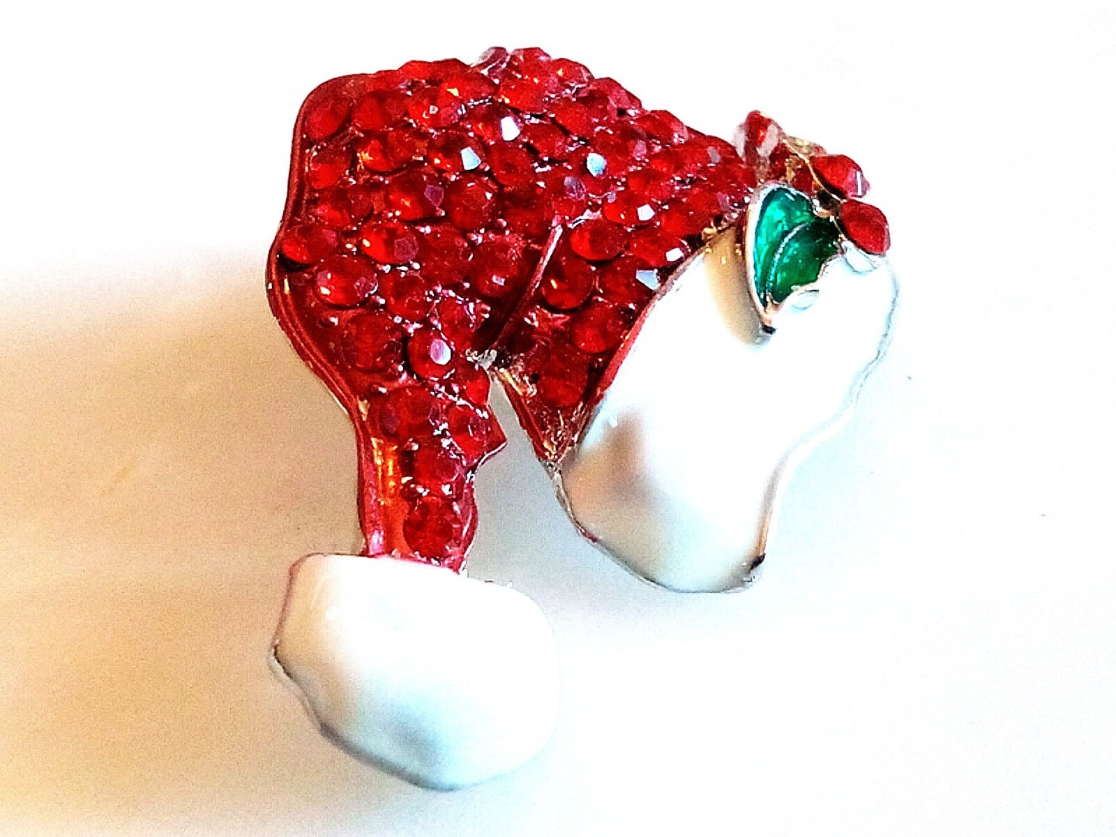 SANTA HAT BROOCH! Lovely Red Crystals! Bright Green & White Enamel! Holiday Pin!