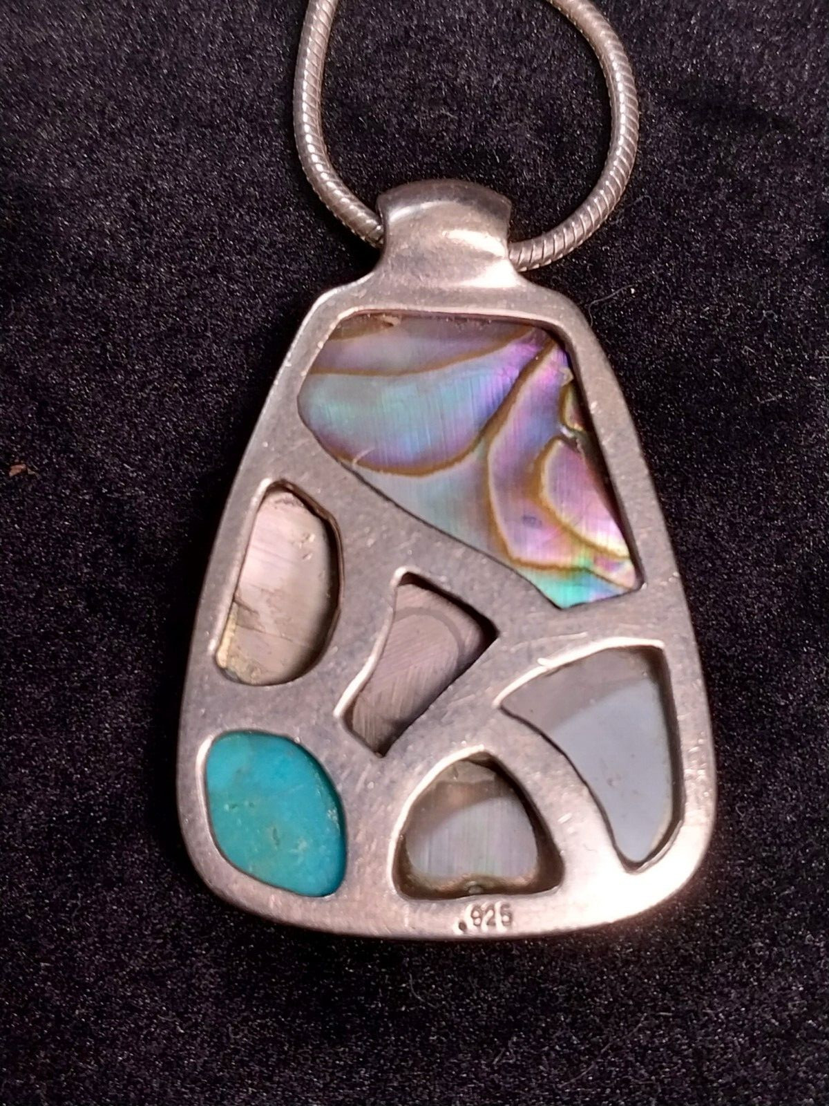 Vintage Abalone Shell Paua & Turquoise Abstract Cluster Pendant & Chain Necklace