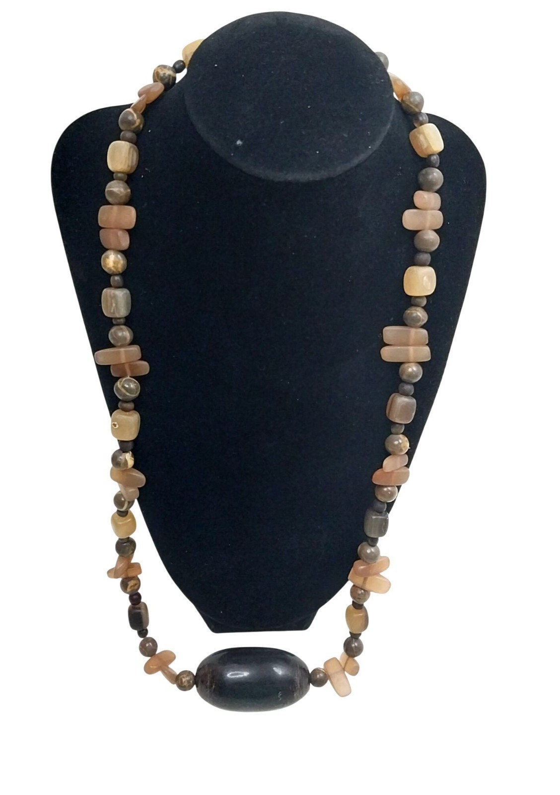 Vintage Earthtones Brown & Black Beaded Necklace Large Centerpiece Oval Bead