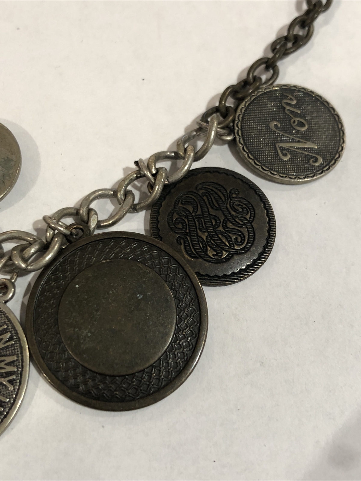 Mixed Metal Coin Chain Link Silver Tone Necklace French Oui Non Signed aeo