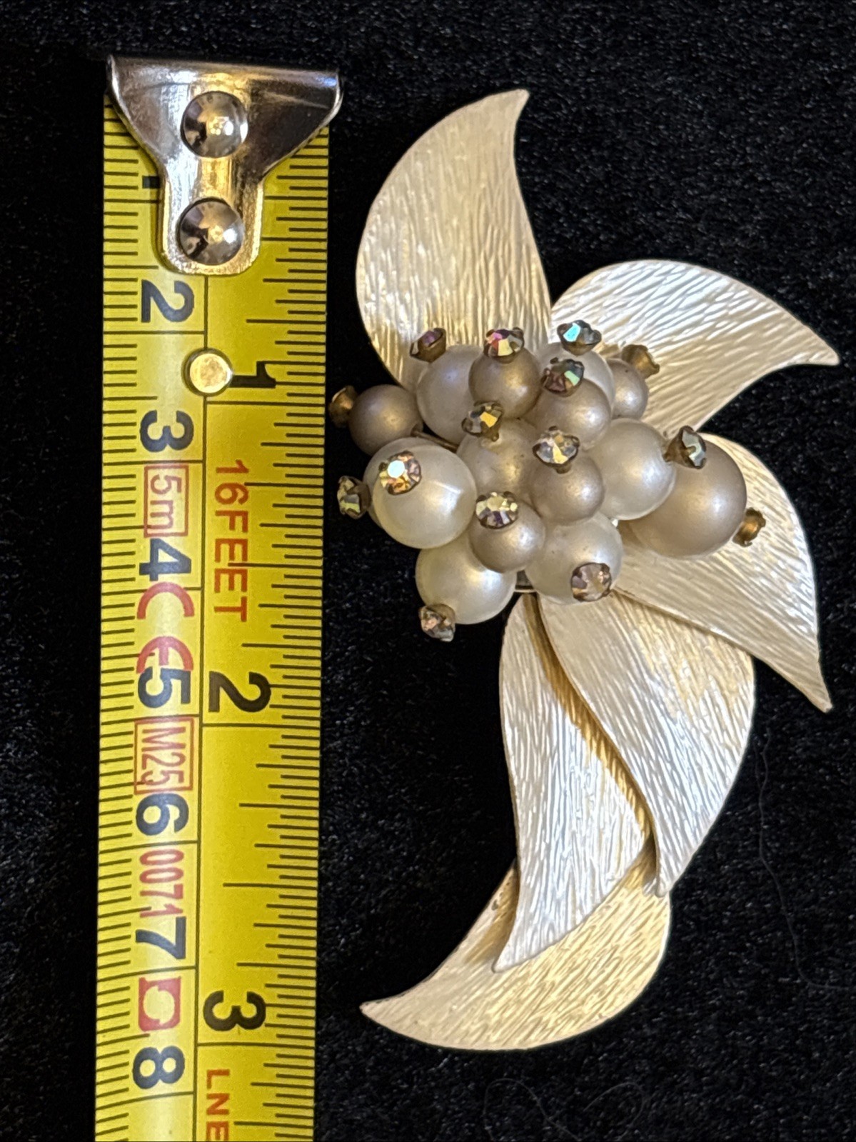 Stylized Flower Brooch Textured Petals Graduated Faux Pearl Rhinestone Cluster