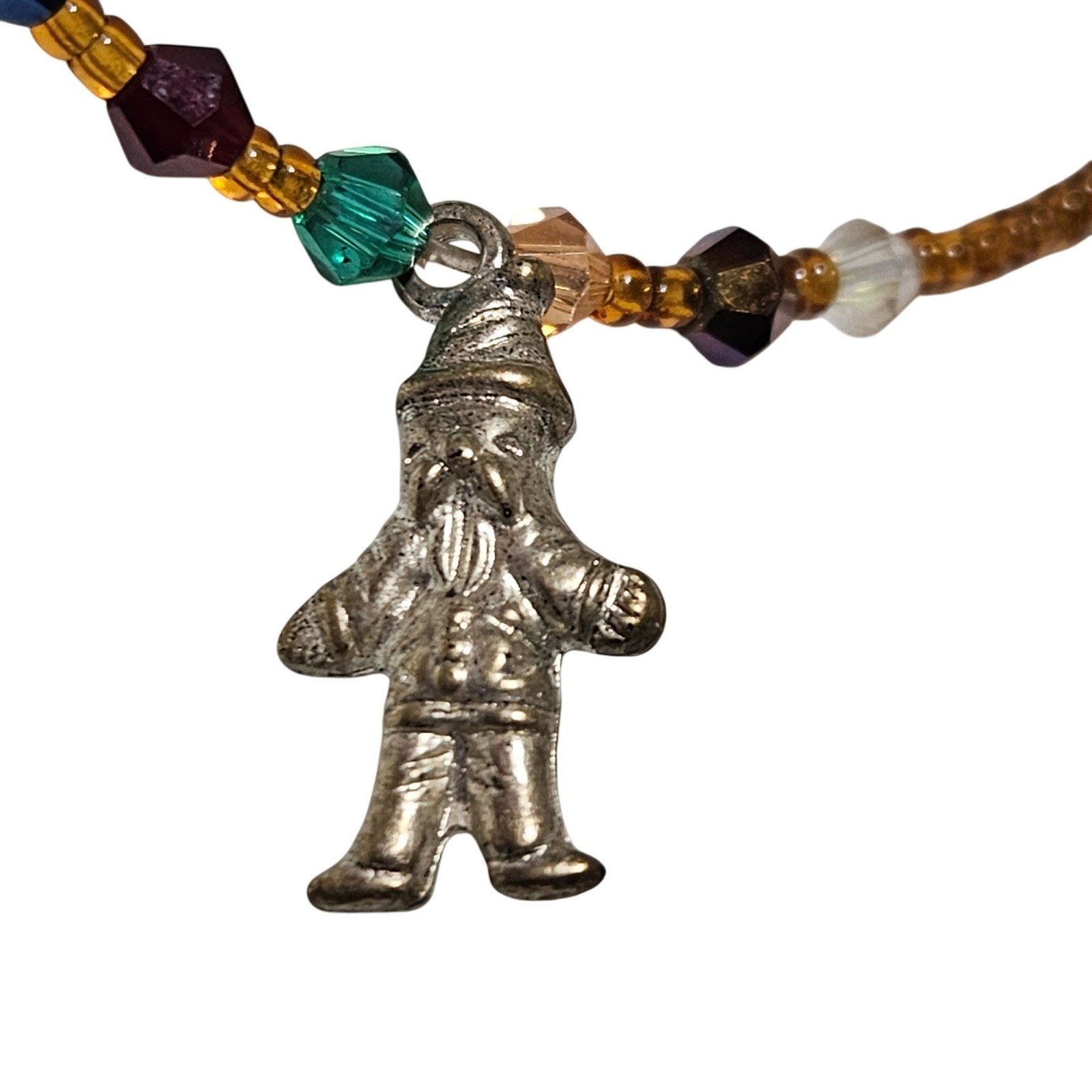 Vintage Handmade Beaded Choker Necklace Silver Toned Gnome Leprechaun Charm