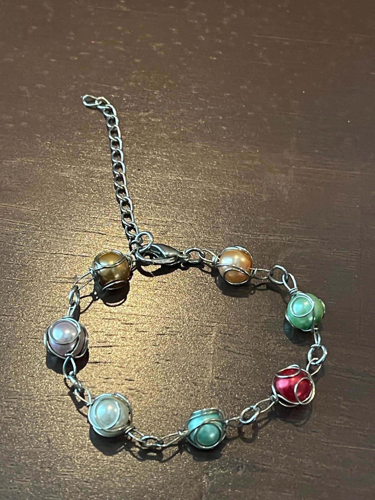 Wire-Wrapped Beaded Bracelet Caged Link Bracelet Cute Dainty Silver Tone Glass