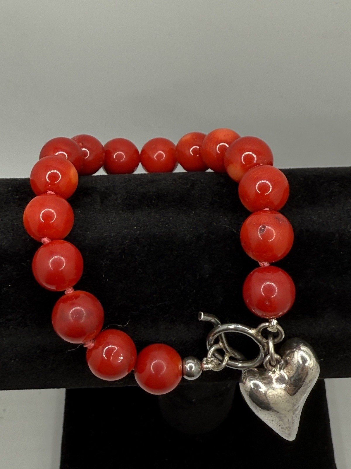 Vintage Sterling Silver Heart Bracelet Red Onyx Stones Toggle Closure 8”