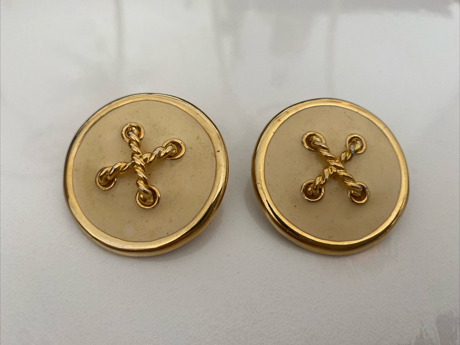 Vintage Clip On Off-White Button Enamel Earrings With Gold Trim Nautical Costume