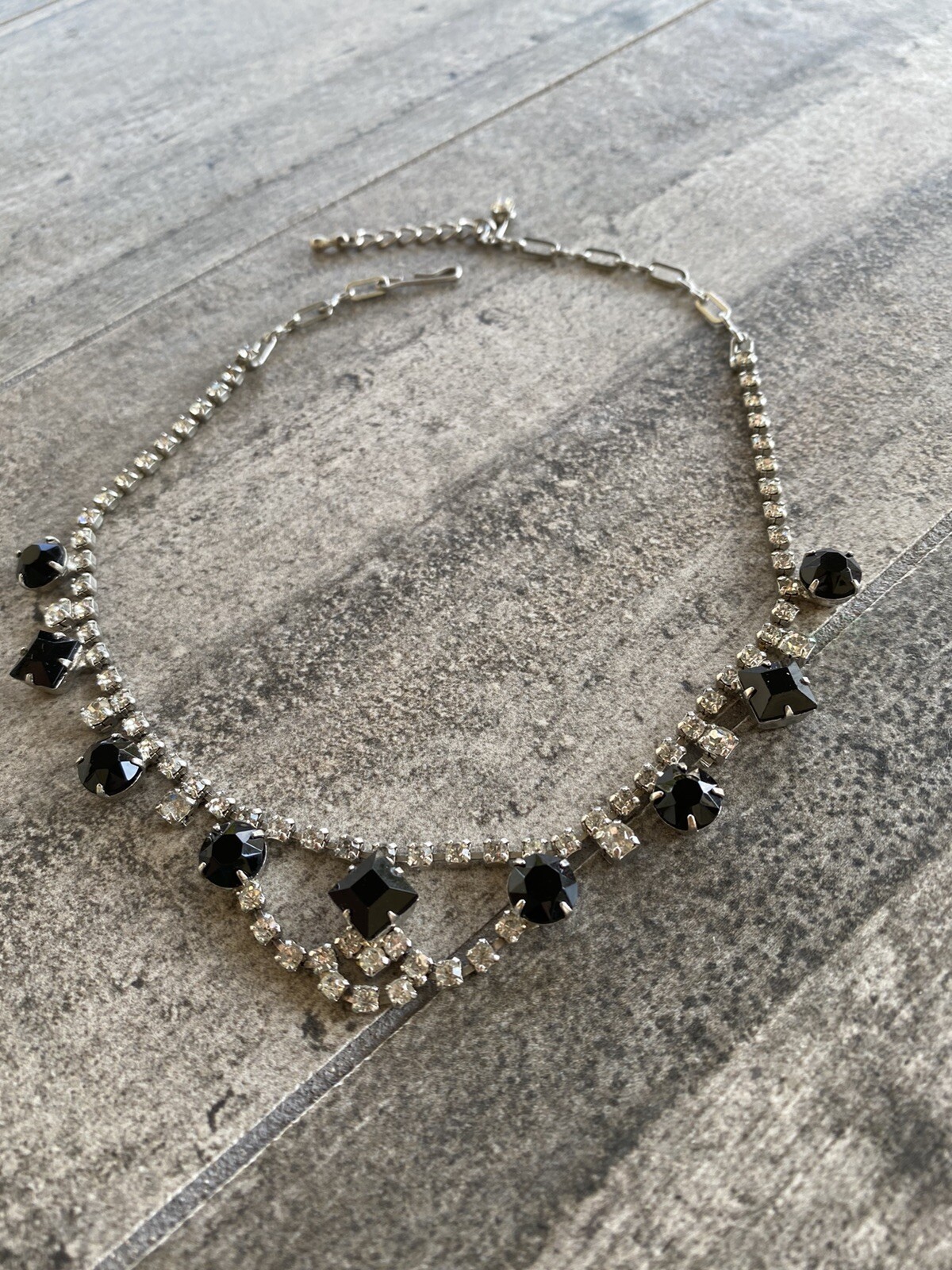 Vintage Chocker Necklace Hook Clasp 14” + 1” Rhinestones Clear Black