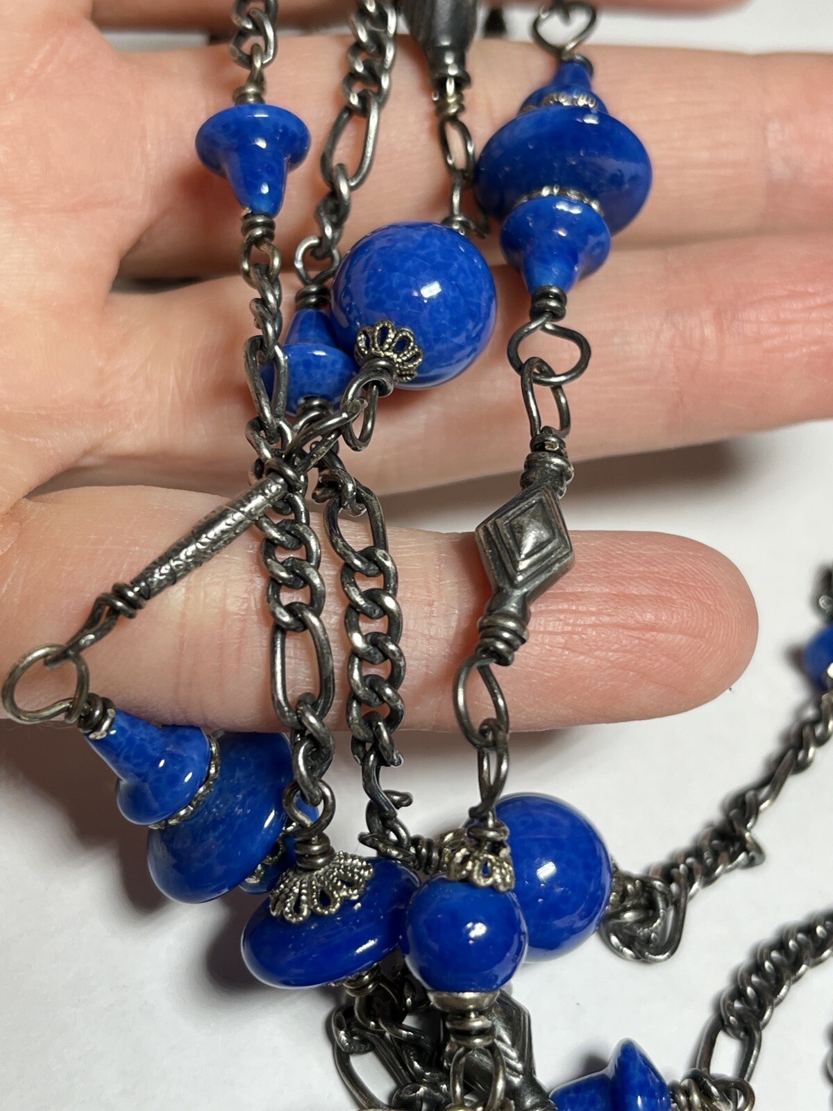 Deco Egyptian Revival Cech Style Stone Bead Blue Station Pendant Necklace RR1520