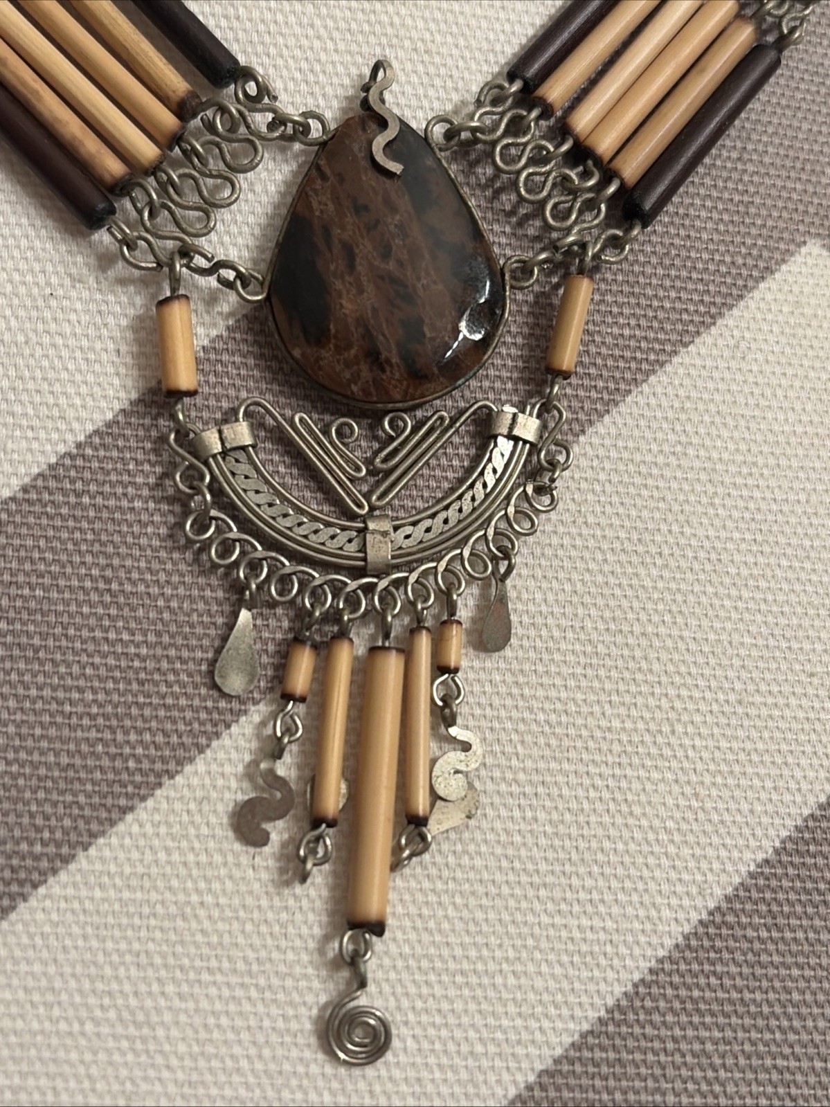 Vintage Handmade Choker necklace bamboo beaded black brown stone Snake Bail