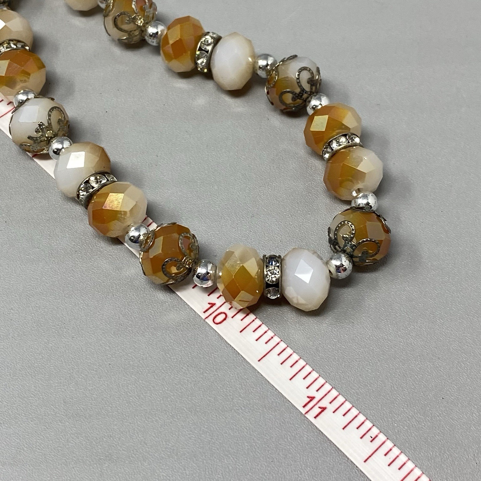 Glass Beaded Necklace White Orange Faceted Fire Polished Metal Caps Collar 21″