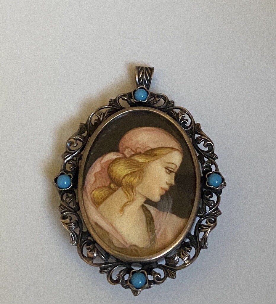 Vintage 800 Silver Filigree Blue Glass Hand Painted Portrait Brooch or Pendant