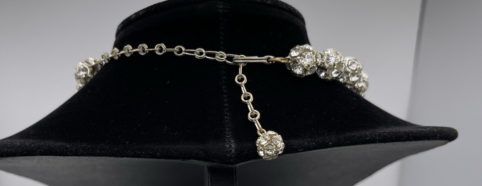Vintage Clear Rhinestones 6mm Spheres 14” to 17.5” Adjustable Choker Necklace