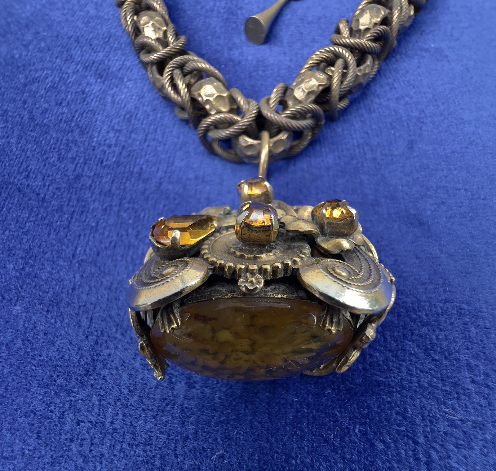 VTG HENKEL & GROSSE Victorian Revival Rhinestone & Art Glass Fob Necklace RUNWAY