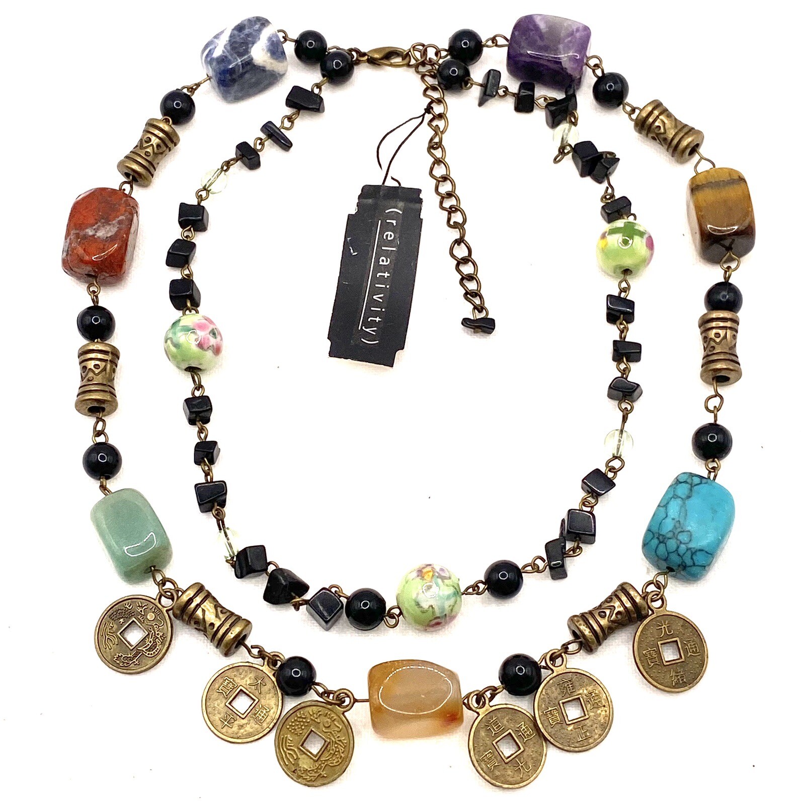 Vtg Relativity Necklace Choker Amethyst Tigers Eye Jade Rose Quartz Howlite G