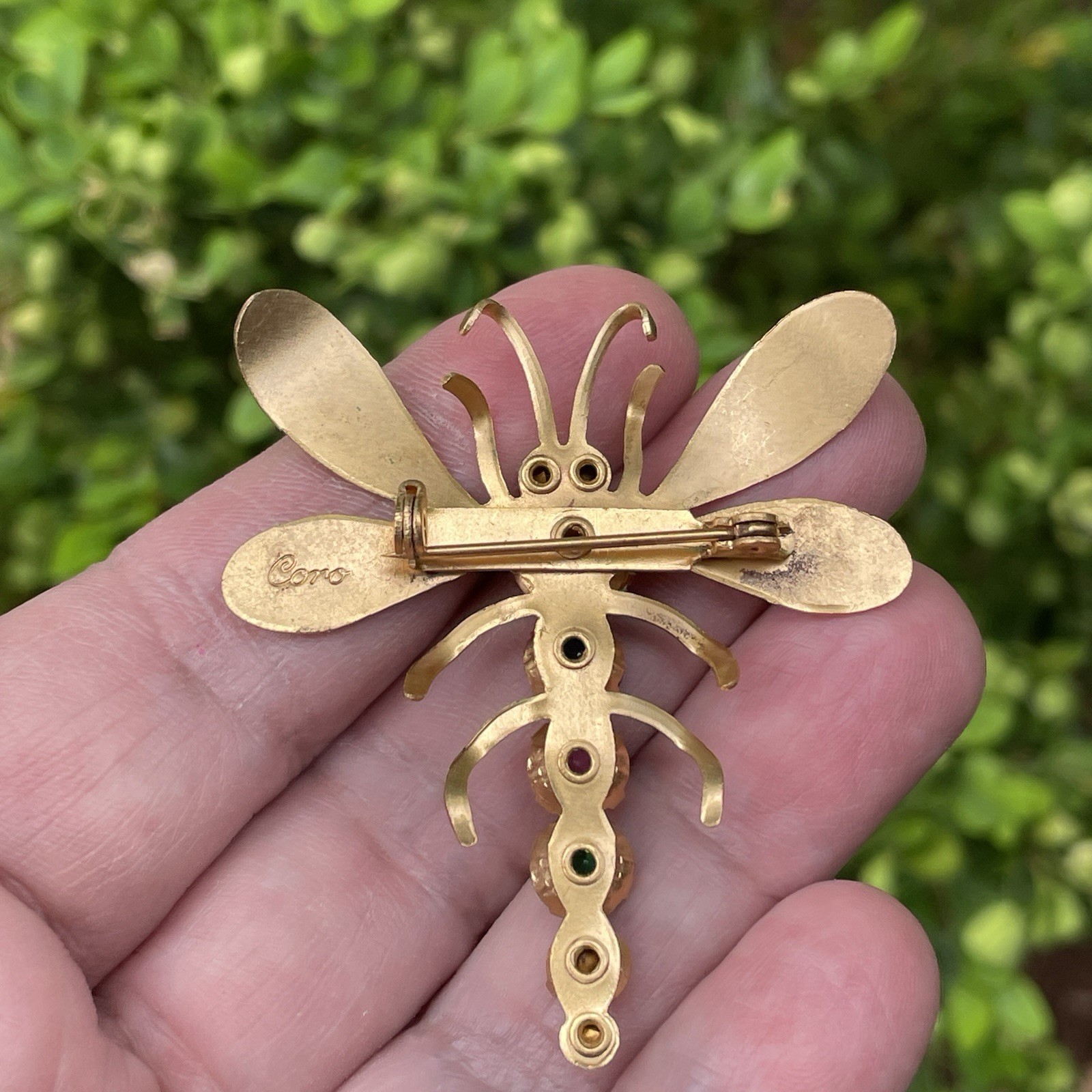 Vintage Coro Dragonfly Brooch Multi Color Rhinestone Bug Rainbow Signed Pin