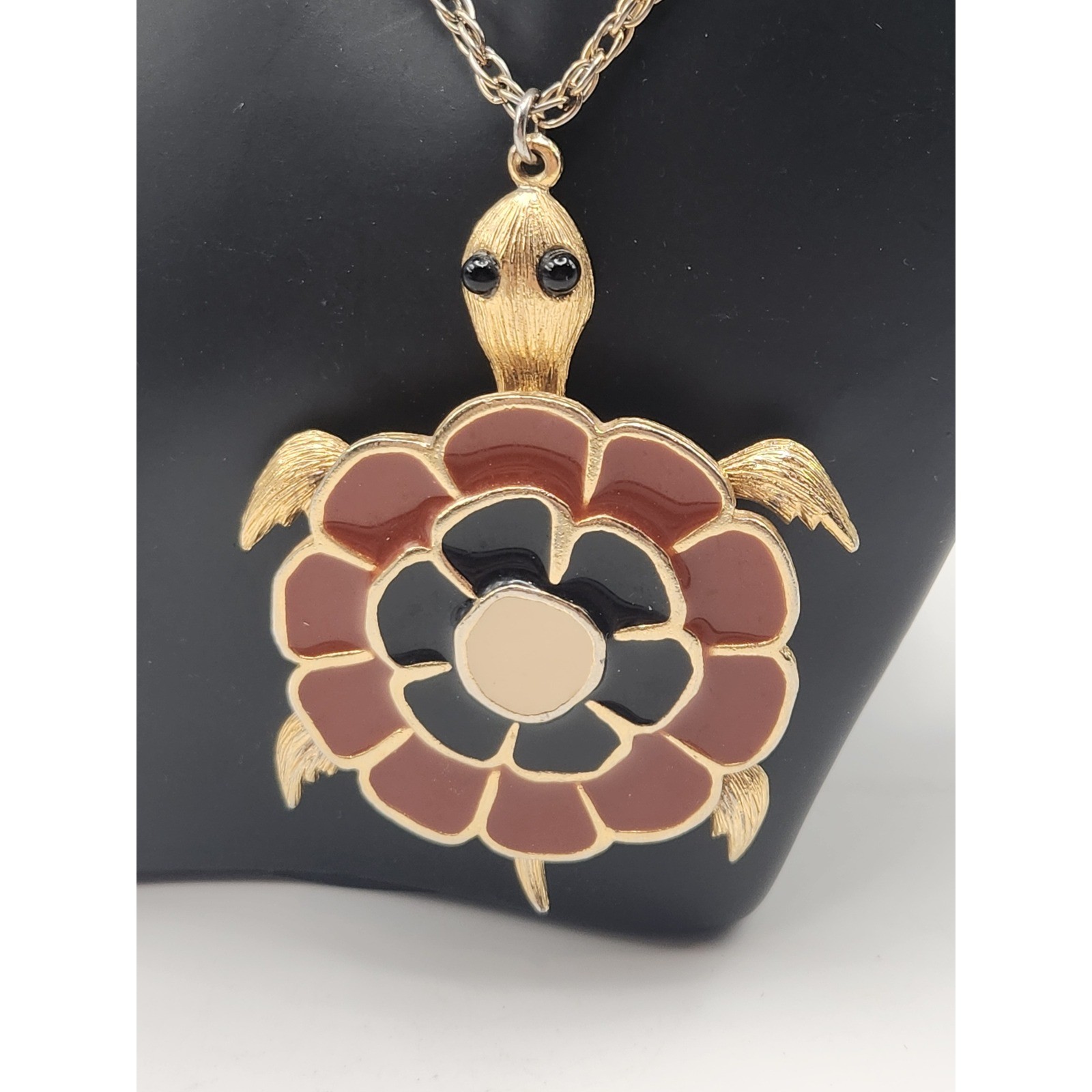 Vintage Gold Tone Enamel Turtle Pendant Necklace Red Black Large Statement Retro