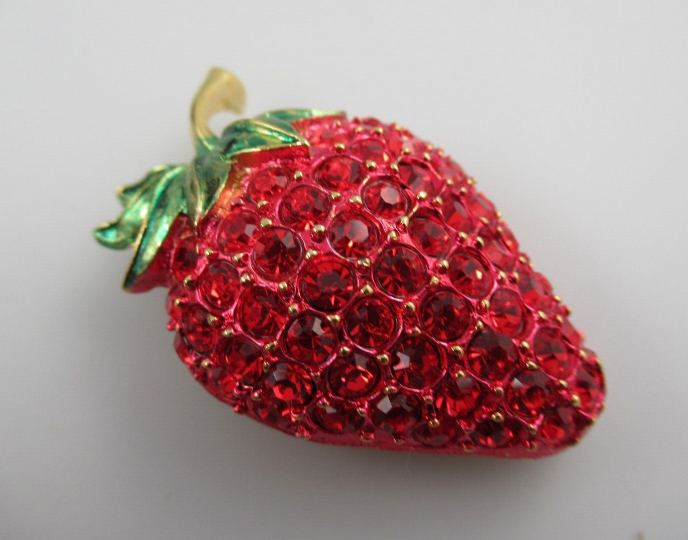 Signed Revere Red Crystal & Enamel Gold Tone Strawberry Brooch , Pin