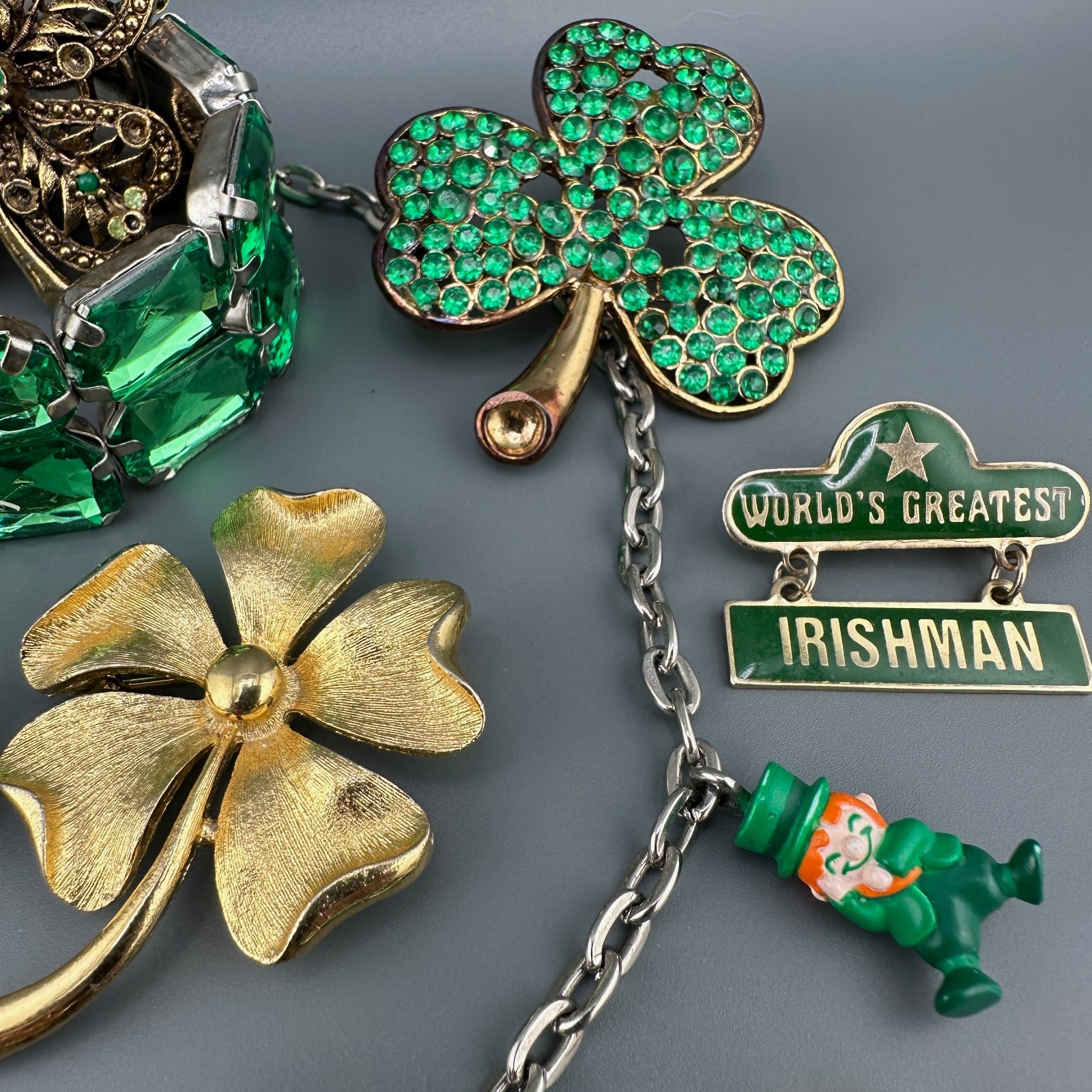 Vintage St. Patricks Day Jewelry Lot Shamrock Brooches Leprechaun Necklace Rings