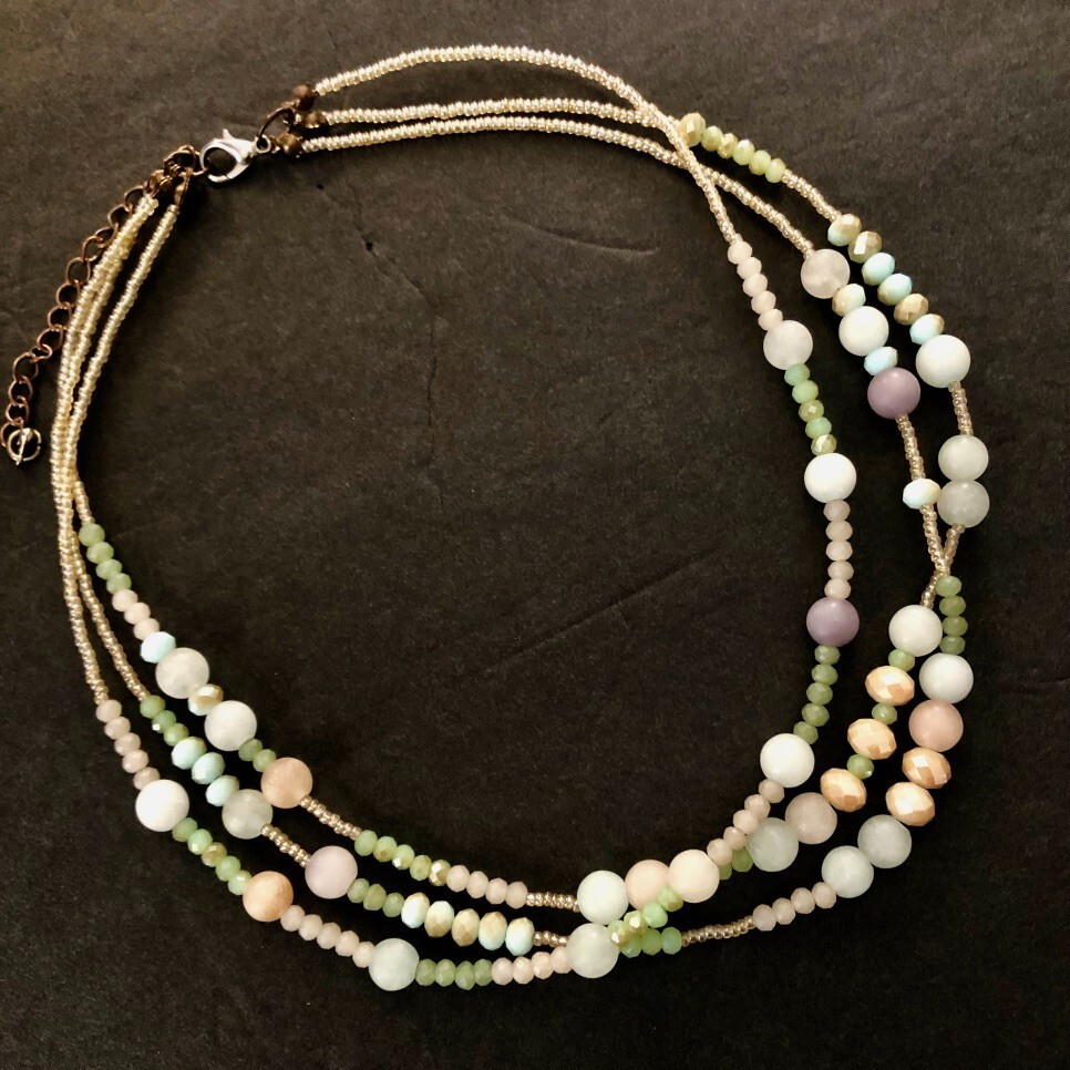 VTG 3 Strand Pastel SATIN GLASS BEAD NECKLACE 18″ Multi Color Faceted Adjust