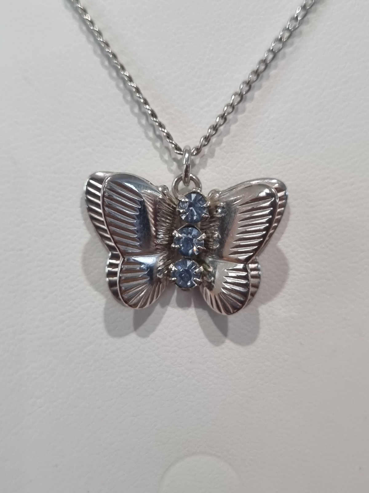 Vintage 14k White Gold Flled Butterfly Pendant Earring Set Blue Stones See Video