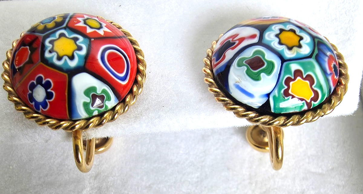Vintage 1/20 12K GF Millefiori Murano Glass Screw-on Earrings