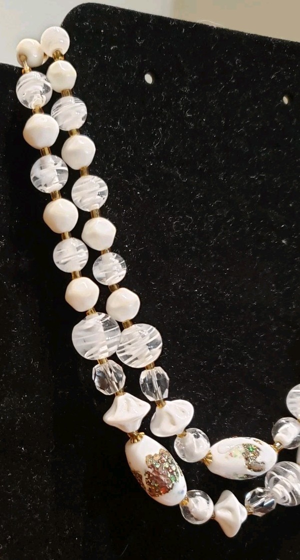 Vtg MCM Bridal Wedding Double Strand White Glass Bead Choker with Gold Accent