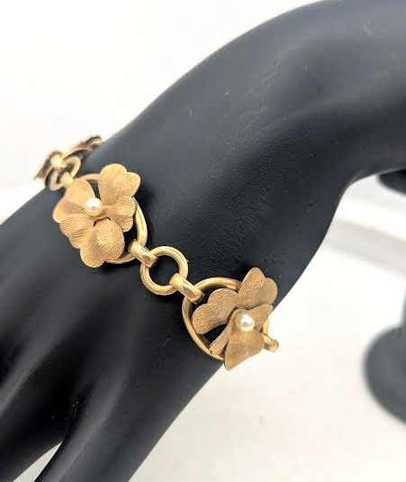 Vintage Flower Bracelet 12K Gold Filled Glass Pearl Floral Link