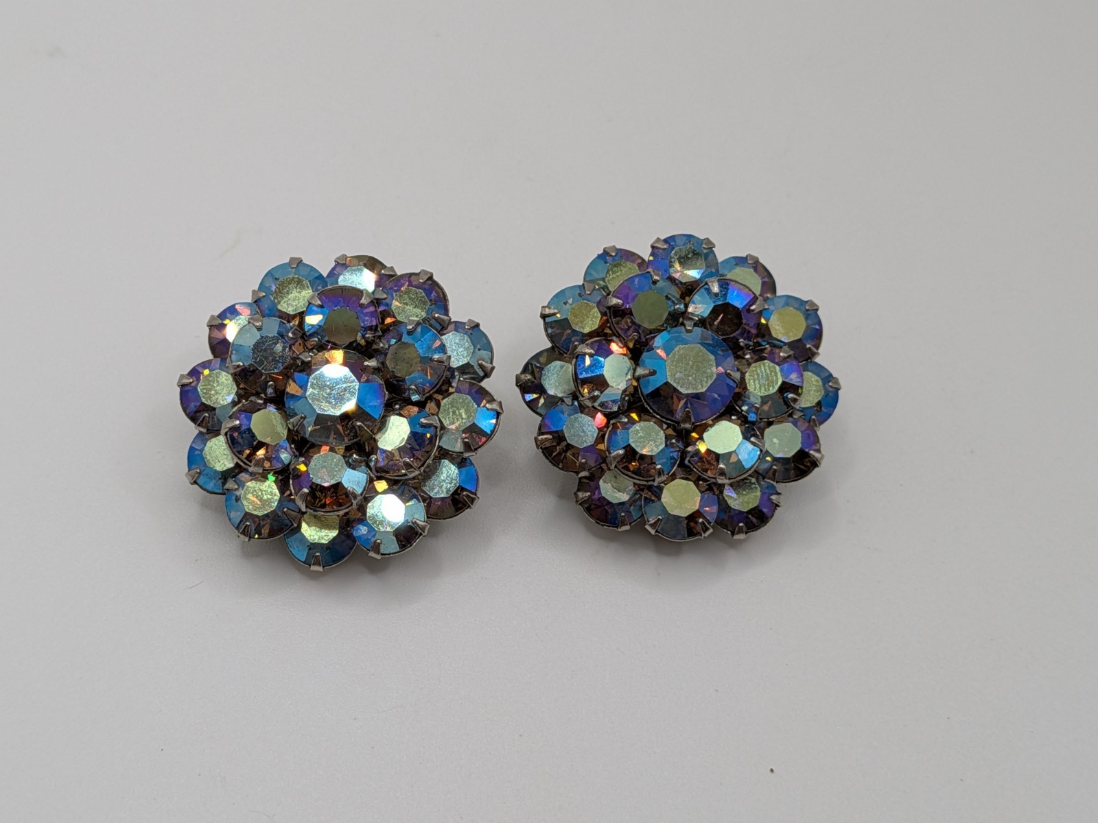 Vintage Blue Aurora Borealis AB Rhinestone Clip On Earrings Cluster Prong Set