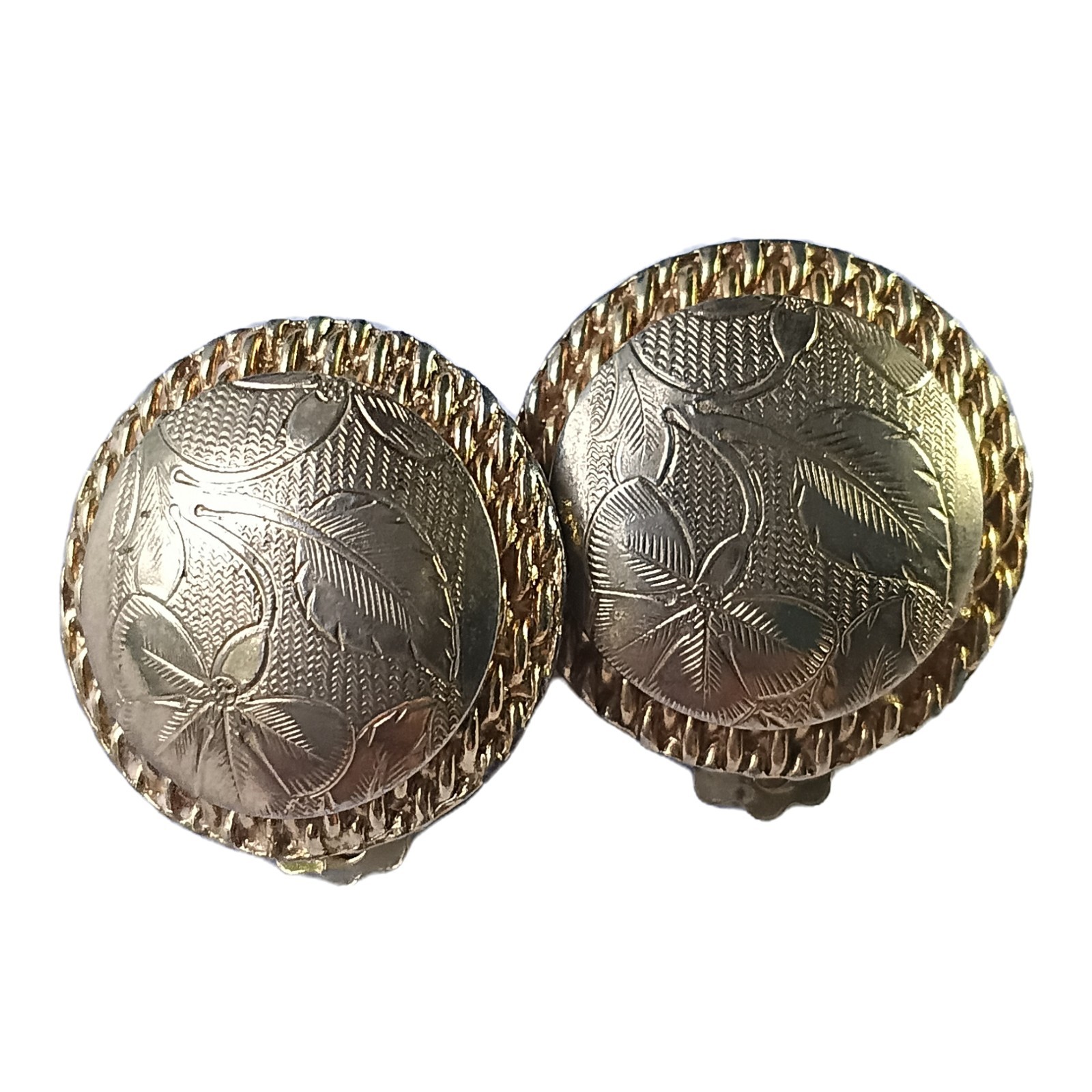 VTG 1950’s Valupte Gold Tone Etched Floral Design Circular Clip-on Earrings 3/4″