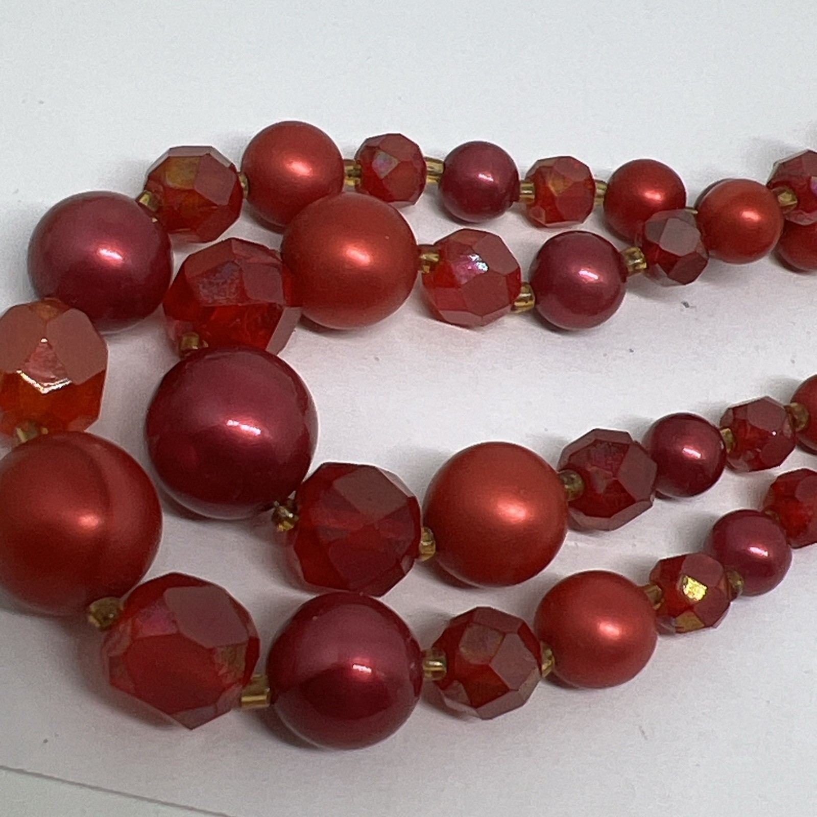 Vintage Red Faux Pearl Faced Lucite 15”-17” Necklace Marked Japan