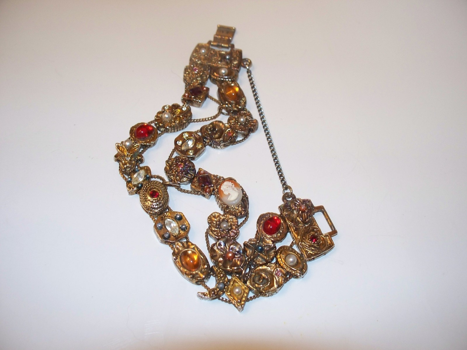 Vintage Faux Jewel Slide Double Row Charm Bracelet Cameo Amethyst Rhinestones