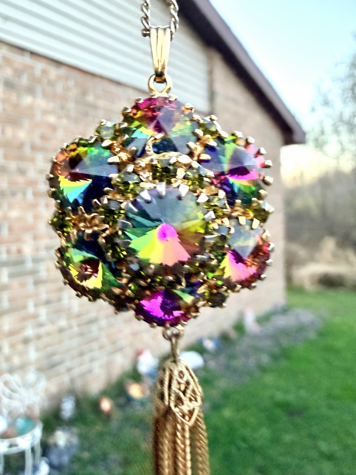 Vtg Juliana Watermelon Heliotrope Rivoli Tassel Pendant Necklace
