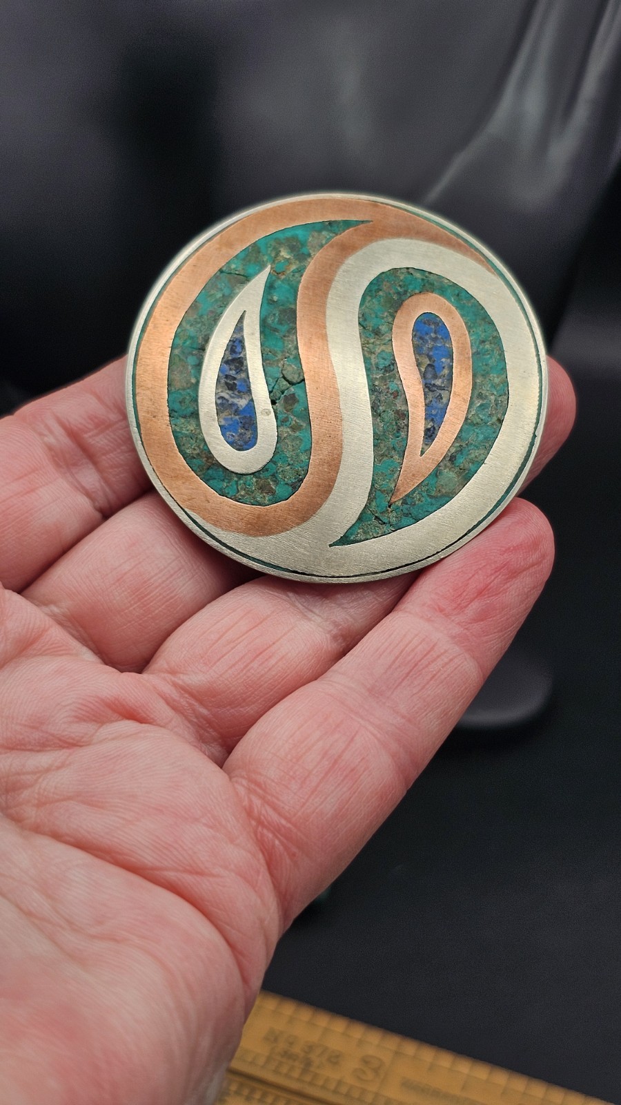 Mexican Sterling Silver & Copper Inlay Brooch GPR Hallmark Bell Mark Gemstone